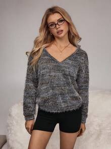 SHEIN Atasan Pakaian Santai Lengan Panjang Minimalis Warna Polos untuk Wanita - Coffee Brown - View 3