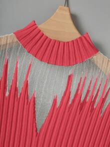 Franclia Top tricoté transparent sans manches avec patchwork en maille bicolore pour femmes - Rose orangé - Voir 5
