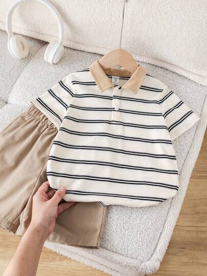 SHEIN 2pcs/Set Kids/Young Boys Casual Everyday Versatile Comfortable Striped Polo Shirt And Khaki Shorts Set, Suitable For Spring/Summer, Daily Wear, Sports, Outings, School, Gatherings, Festivals, Photoshoots,Easter Gift For Boys,Toddler Boy Clothes,Toddler, Suitable For Spring/Summer, Outings, Valentine's Day, Dates, Travel, Vacations, Family Gatherings, Back To School, Weddings, Evenings, Sports, Birthday Parties