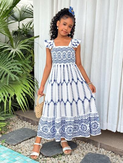Tween Girl Elegant Floral Ruffled Sleeveless Dress, Evening Gown
