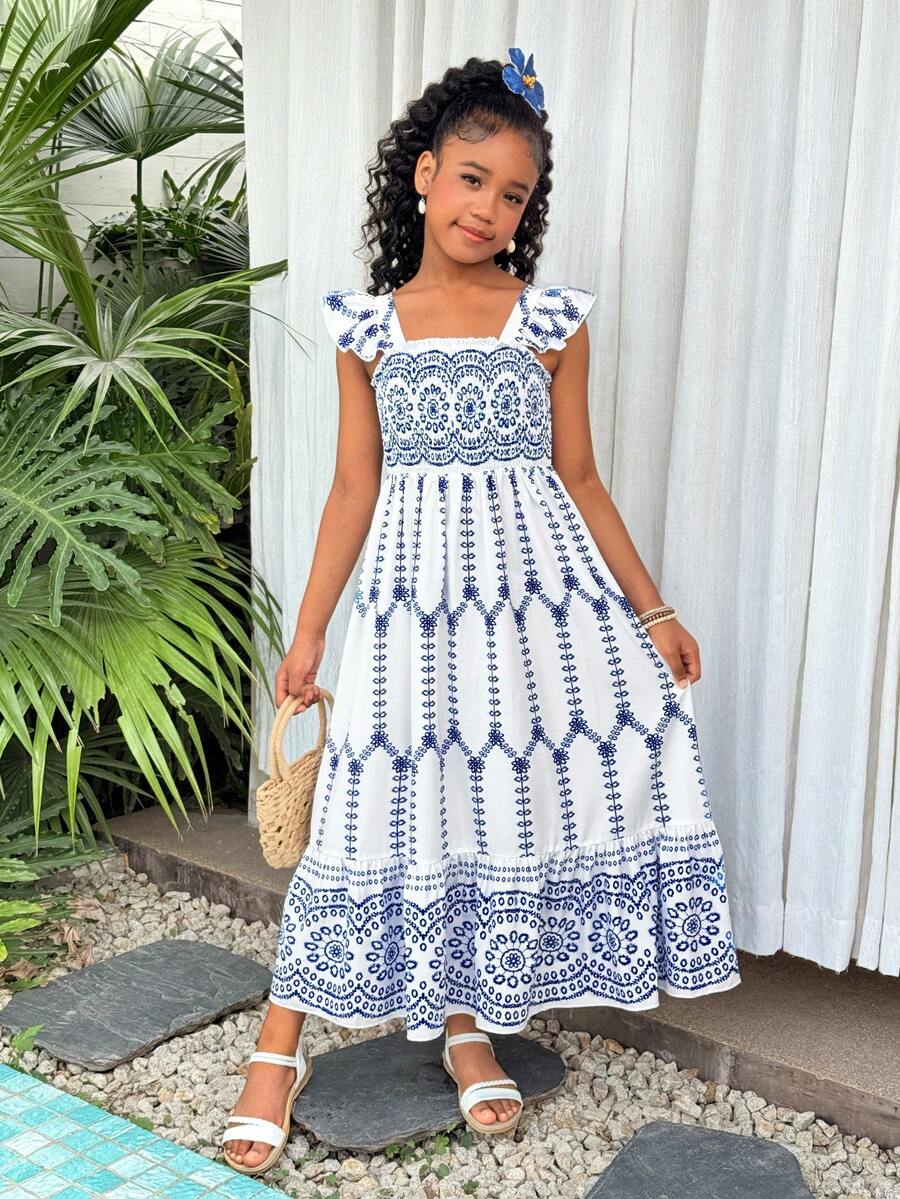 Tween Girl Elegant Floral Ruffled Sleeveless Dress, Evening Gown - Blue and White - View 1