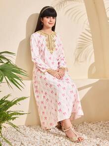 Áo Abaya Ramadan, Jalabiya, trang phục truyền thống Ả Rập, trang phục truyền thống Trung Đông cho bé gái, áo choàng cổ thêu vàng in họa tiết nơ. - Hồng - Xem 6