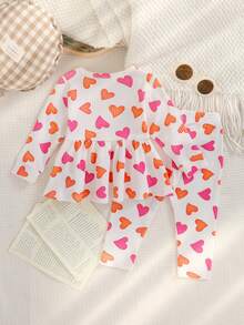 Baby Girls' Cute Heart Print Soft Comfortable Round Neck Long Sleeve Top And Pants 2 Pieces Set, Autumn - White - View 2