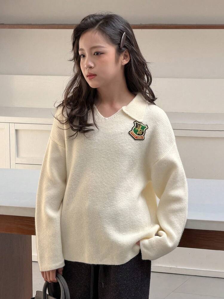 Tween Girl Casual Badge Decor Collar Sweater, Autumn/Winter
