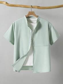 Vacaura 1pc Solid Color Casual Minimalist Open Collar Shirt For Teenage Boys, Comfortable Fabric, Fresh Natural Color, Suitable For School, Daily, Spring, Summer, Autumn Wear - Green - View 1