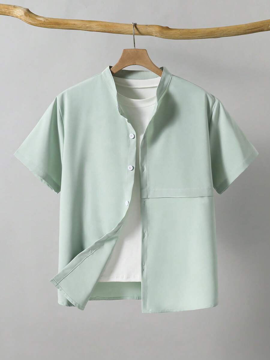 Vacaura 1pc Solid Color Casual Minimalist Open Collar Shirt For Teenage Boys, Comfortable Fabric, Fresh Natural Color, Suitable For School, Daily, Spring, Summer, Autumn Wear - Green - View 1