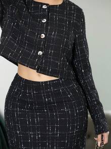 Melissa Matos 2 件格子短款夹克和裙子，休闲秋季套装 - 黑色 - 查看 6