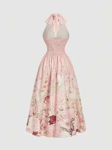 MOD Vestido de mujer de moda con estampado total, cuello halter y lazo en la cintura, de largo medio - Multicolor - Ver 7