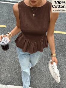 Siren Gaze Women's Summer New Jacquard Ruffle Hem Round Neck Camisole Brown Blouse,Summer Top - Coffee Brown - View 4