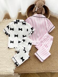 4件套女婴蝴蝶结条纹印花仿丝睡衣套装，包括短袖上衣和裤子 - 彩色 - 查看 2