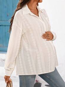 SHEIN Maternity Floral Embroidery Drop Shoulder Long Sleeve Single-Breasted Casual Shirt, Summer Holiday Outfits , Summer Outfits - White - View 3