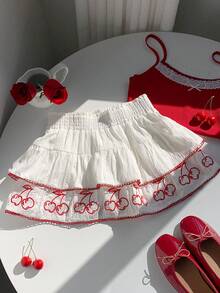 Comfortcana Falda con volantes de mujer con estampado de cerezas en tejido blanco trenzado - Multicolor - Ver 4