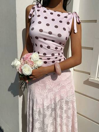  Blusa de punto con hombros anudados a lunares de MainGRL, top casual para mujer, adecuado para fiestas y reuniones, puede ser un regalo ideal para Año Nuevo, primavera/otoño