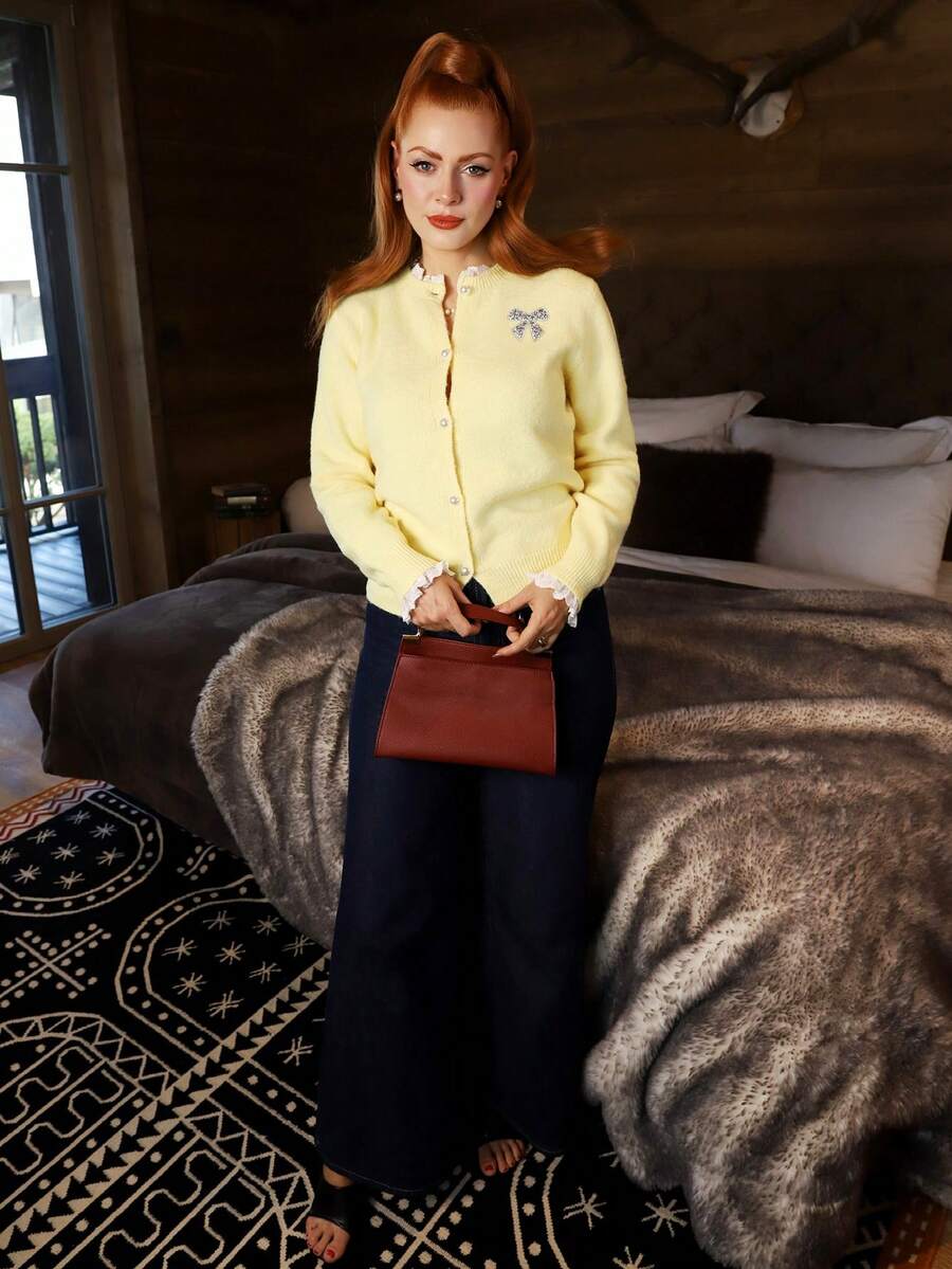 Gretanique Women's Casual Loose Scoop Neck Ruffle Butterfly Accent Yellow Cardigan Sweater Fall Winter Cloth For Women - Yellow - View 1