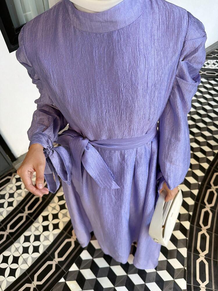 Women's Elegant Solid Color Stand Collar Puff Sleeve Belted Long Dress, Spring/Summer Vacation Maxi Dress Sundress