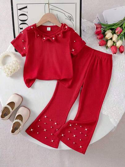 2 st/set för unga flickor, röd ribbad pärldekorerad fluga med kort ärm och topp + pärlprydda utsvängda byxor, lämpliga för högtidsfester och sommar