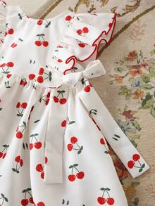 Cozy Pixies 女婴水果图案圆领短袖收腰连衣裙，百搭舒适 - 米色 - 查看 5