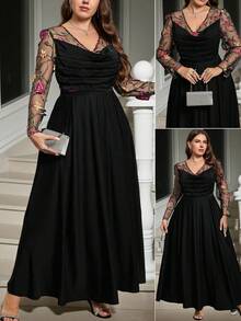 SHEIN Clasi 大码女士浪漫优雅花卉拼接垂褶领长袖收腰长裙，高品质亮面面料，黑色正式连衣裙，优雅连衣裙，女士秋季服装，女士冬季服装，秋冬装 - 黑色 - 查看 9