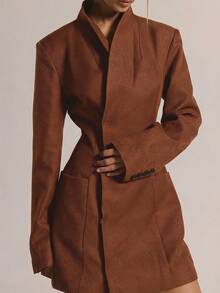 MUSERA Đầm blazer dài tay cổ cao, dáng suông, thắt eo, thích hợp mặc đi chơi hàng ngày, dự tiệc tối, gợi cảm, dễ thương, thoải mái, thanh lịch, sang trọng, dự đám cưới. - màu nâu - Xem 5