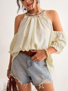 Freevana Áo kiểu dáng Bohemian Pháp cổ điển cỡ lớn màu be, hở vai, cổ áo đính cườm thủ công, tua rua vỏ sò và tay phồng, kiểu dáng Bohemian mùa xuân/hè nhẹ nhàng, thích hợp cho nữ. - Màu be - Xem 6