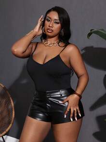 Slaydiva Plus Size Black Slim Fit Sleeveless Bodysuit, Summer/Autumn - Black - View 3