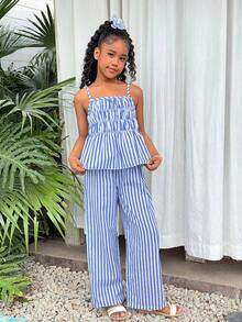 Girls Striped Bow Camisole Top And Straight Leg Pants Summer Vacation Outfit - Blue - View 3