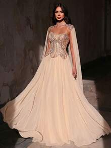 Glamrae Đầm maxi tay xòe sang trọng, đính cườm và sequin, chất liệu chiffon, thích hợp cho đám cưới, tiệc tùng, kỳ nghỉ, dạ hội và các dịp trang trọng (được trang trí cầu kỳ). - Rượu sâm banh - Xem 8