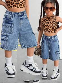 SHEIN Young Girl High Waist Multi-Pocket Loose Fit Wide Leg Casual Jeans - Light Wash - View 1