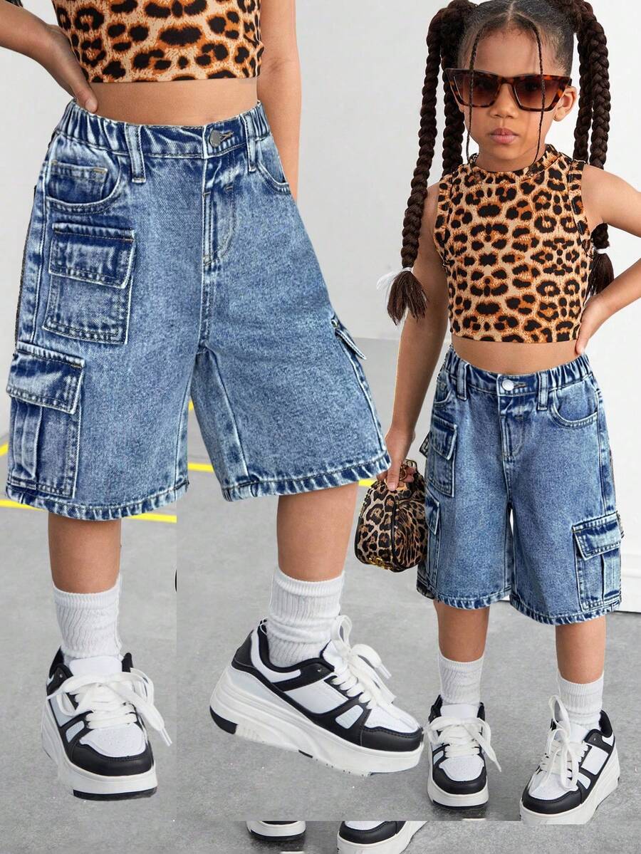 SHEIN Young Girl High Waist Multi-Pocket Loose Fit Wide Leg Casual Jeans - Light Wash - View 1