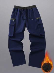 Manfinity Hypemode Pantalones cargo casuales de unicolor con forro térmico para hombres - Azul Marino - Ver 1