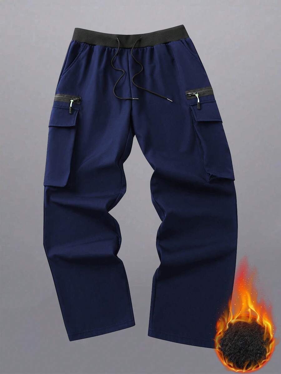 Manfinity Hypemode Pantalones cargo casuales de unicolor con forro térmico para hombres - Azul Marino - Ver 1