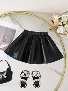 SHEIN 女婴可爱休闲百搭黑色PU皮迷你裙 - 黑色 - 查看 6