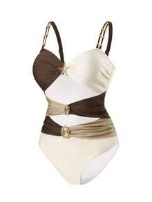 SHEIN Swim Chicsea Bộ đồ bơi liền thân nữ mùa xuân/hè 2026 mới, phối màu, chất liệu bóng, kiểu quây ngực, thích hợp mặc đi biển. - Nhiều màu - Xem 4