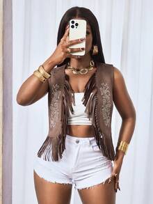 BamGleam Women's Vest Waistcoat, Retro Embroidered Tassel Design, Regular Fit Jacket For Travel & Vacation - Coffee Brown - View 1