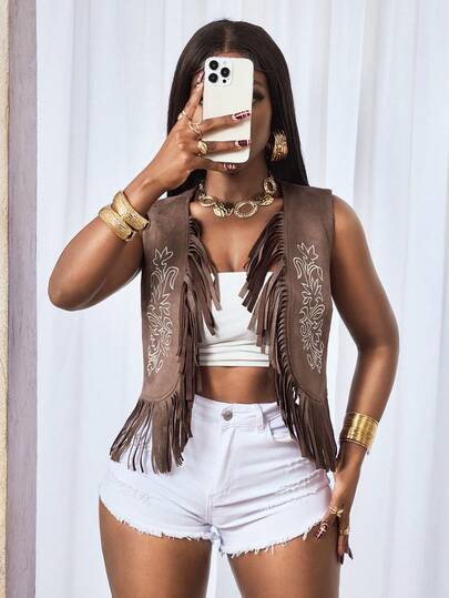 BamGleam Damväst, retro broderad tofsdesign, jacka i normal passform för resor och semester