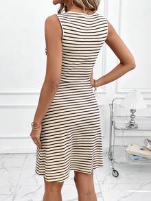 SHEIN Clasi Women's Elegant Striped Textured Fabric Round Neck Sleeveless Waist Cinched A-Line Short Dress, Summer - Multicolor - View 2