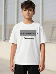 SHEIN Vacaura 1pc Tween Boy Fashionable Letter Printed Basic Round Neck Short Sleeve T-Shirt - White - View 2