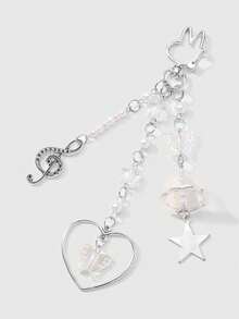 ROMWE Kawaii 2pcs Fashionable & Versatile Silver Chain Faux Pearl Resin Star, Heart, Butterfly, Acrylic Wind Chime, Music Note, Bow Tie, Black & White Electric Guitar Pendant DIY Keychain, Bag Charm, Suitable For Sisters, Best Friends, Couples, Daily Wear, Holiday Gifts - Silver - View 10