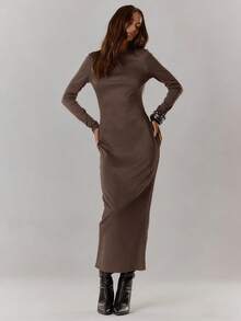 MUSERA 罗纹长袖圆领修身长款连衣裙，街头风可爱优雅休闲性感外出装扮，太妃糖色长裙 - 巧克力棕 - 查看 5