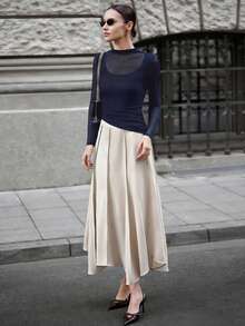 Ontre 2026 Spring/Summer Women's Mesh Sheer Splice Off Shoulder Blouse, Urban Commute Business Casual Top, Elegant Outfit For Dating, Vacation, Wedding Guest - Navy Blue - View 3