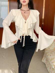 DAZY Elegancka bluzka damska w jednolitym kolorze z falbanką i mankietem, z bufiastymi rękawami, wiosna/lato - Beżowy - Zobacz 3