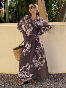 DAZY Women's Casual Floral Print Shirt And Skirt 2-Piece Set, Spring/Summer Vacation - Brown - View 6