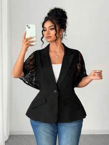 SHEIN Elenzya Elegant Lace Patchwork Waist Cinched Plus Size Women Blazer Jacket - Black - View 1