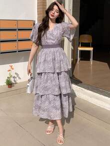 DAZY Vestido de mujer elegante con estampado floral de patchwork, cuello en V y volantes en el bajo, vestido largo de verano tipo sundress - Caqui - Ver 3