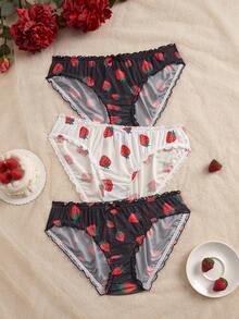 PetitDoll Bộ 3 chiếc quần bikini cỡ lớn dành cho nữ, che phủ toàn diện, in hình dâu tây và viền bèo tây, tạo cảm giác thoải mái. - Nhiều màu - Xem 3