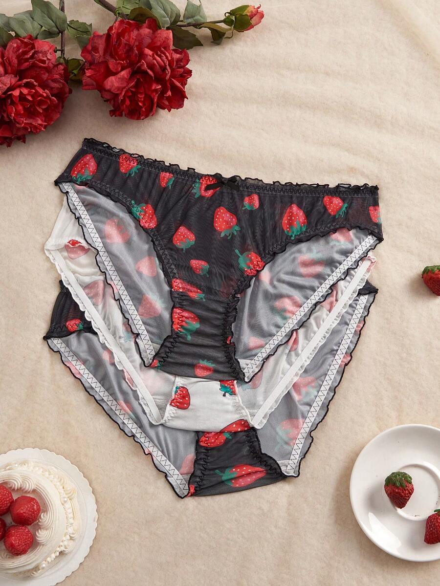 PetitDoll Bộ 3 chiếc quần bikini cỡ lớn dành cho nữ, che phủ toàn diện, in hình dâu tây và viền bèo tây, tạo cảm giác thoải mái. - Nhiều màu - Xem 1
