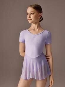 Tween Girls Ballet Dance Dress, Round Neck With Ruched Front Design, Cute Bow Back Design, Soft & Lightweight Mesh Skirt With Snap Crotch, High Stretch & Skin-Friendly, Suitable For Dance, Yoga & Activewear - Mauve Purple - View 4