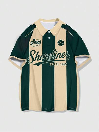 ROMWE MEN Prep Camisa polo de manga corta con estampado de rayas de contraste y letras, casual, de moda, deportiva y para uso diario, para hombre, verano