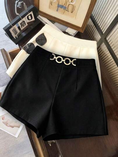 Franclia Plus Size Women Metal Decor Solid Color Casual Fashion Shorts