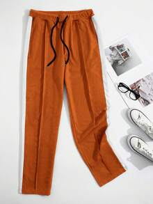 HUEFORM 男士抽绳腰拼接侧缝运动裤 男士阔腿健身裤 男士橙色慢跑裤 男士阔腿运动裤 橙色运动裤 男士阔腿侧条纹健身裤 - 橘色 - 查看 3